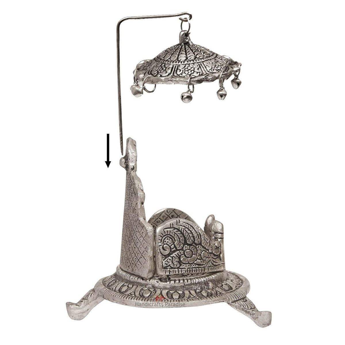 Metal Singhasan with Chhatra Antique Silver Finish Divine Peacock Design Pooja Chowki Seat for Laddu Gopal Temple Decoration - 7 Inch