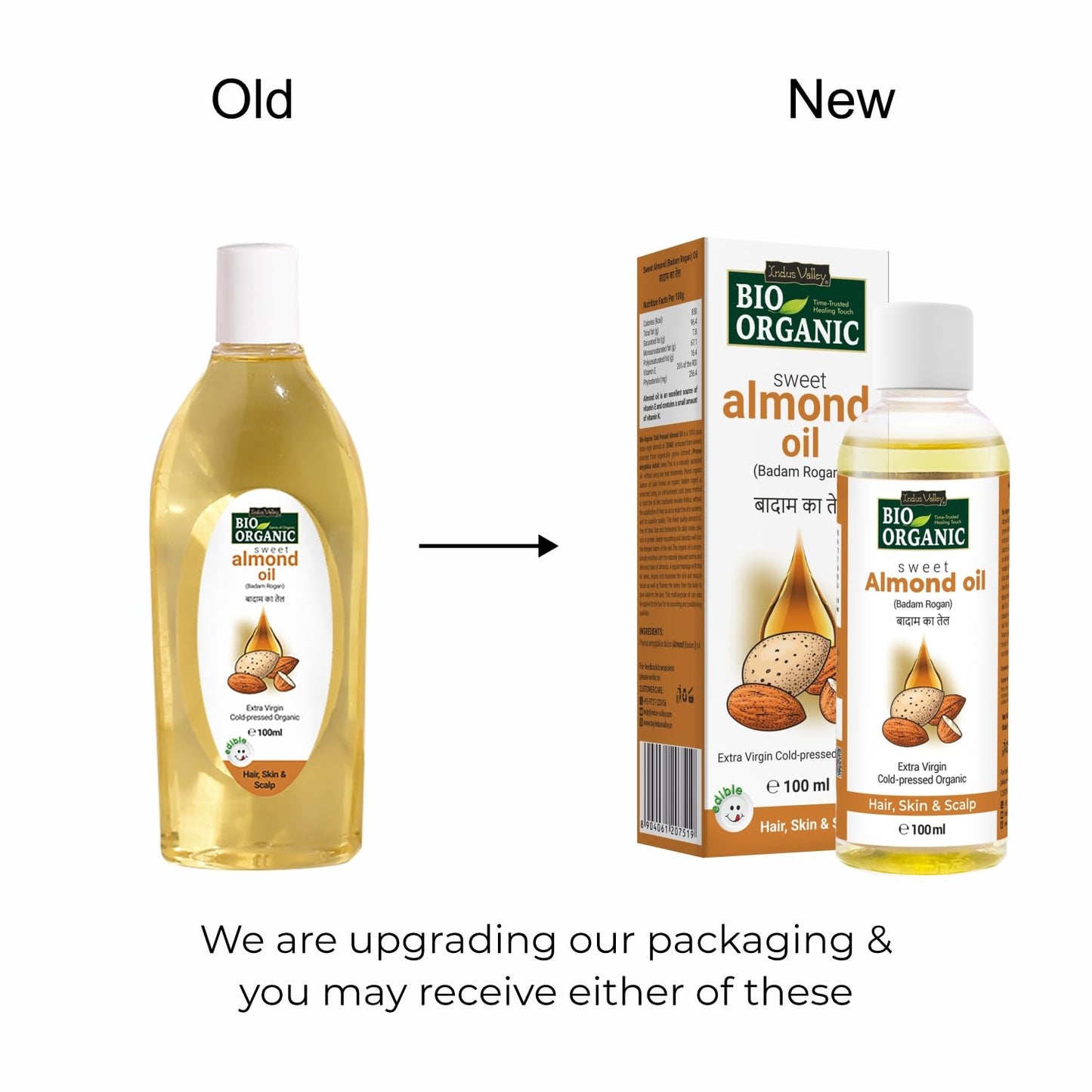 Comparison of Bio Organic sweet almond oil packaging, showing old and new designs.