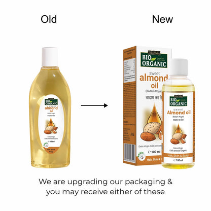 Comparison of Bio Organic sweet almond oil packaging, showing old and new designs.