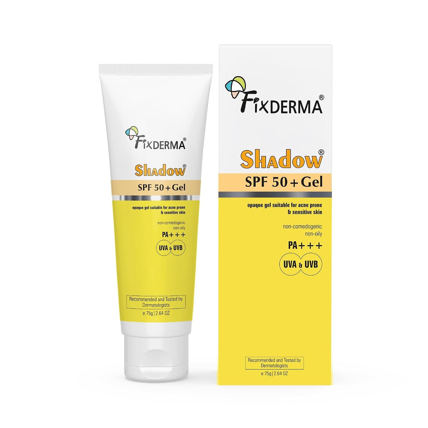 Fixderma Shadow Sunscreen SPF 50+ PA+++ Gel | Sunscreen SPF 50 for Oily, Acne Prone & Normal Skin | Broad Spectrum & UVA & UVB Protection | Lightweight | No White Cast | For Unisex - 75G