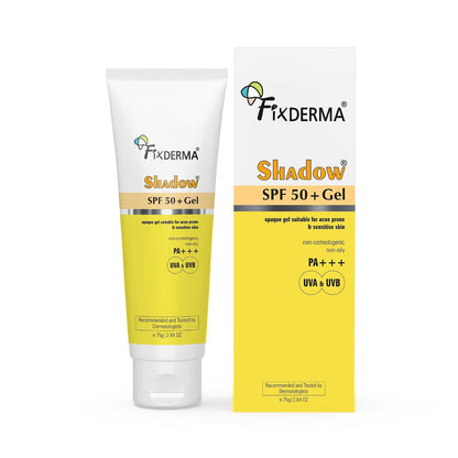 Fixderma Shadow Sunscreen SPF 50+ PA+++ Gel | Sunscreen SPF 50 for Oily, Acne Prone & Normal Skin | Broad Spectrum & UVA & UVB Protection | Lightweight | No White Cast | For Unisex - 75G