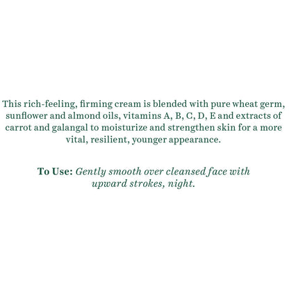 Text description of a rich-feeling firming cream with ingredients and usage instructions on a white background.