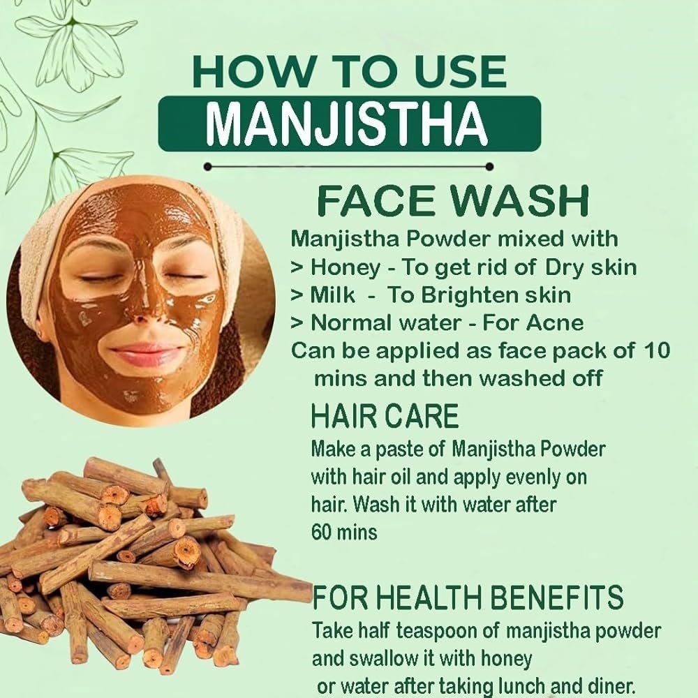 Instructions on how to use Manjistha face wash and hair care product with a green background.