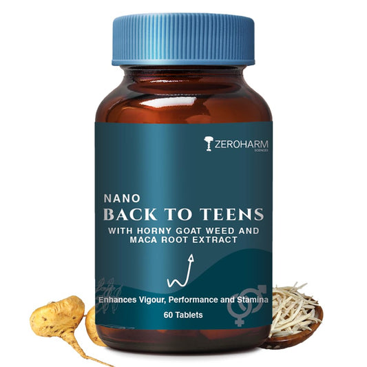 ZEROHARM Back to Teens | Maca Root, Safed Musli, Horny Goat Weed for Energy, Stamina, Endurance & Performance | Nano Formulated Supplement for Men & Women | High Potency 60 Tablets