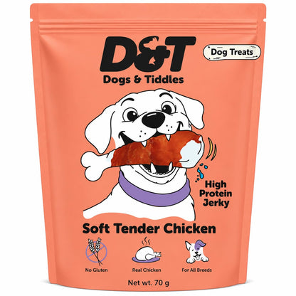 Dogs & Tiddles Soft Chicken Jerky Dog Treats for Puppies & Adult Dogs, 70g | Soft & Chewy High-Protein Dog Snacks | Grain-Free Training Treats & Puppy Rewards| Easily Digestible and Healthy