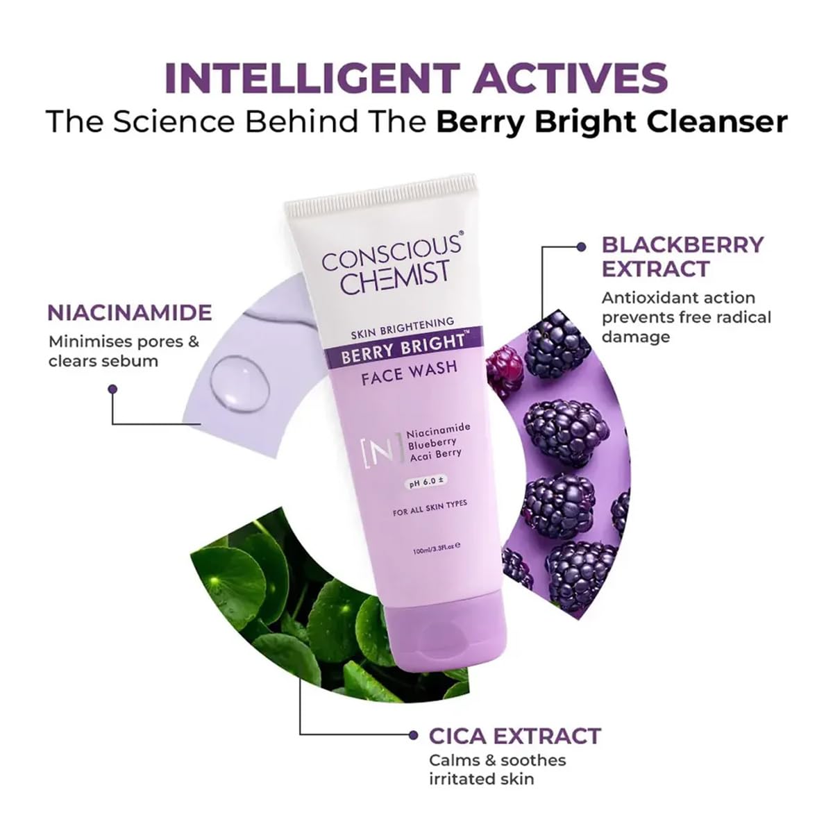 Conscious Chemist Berry Bright Face Wash with ingredients highlighted on a white background