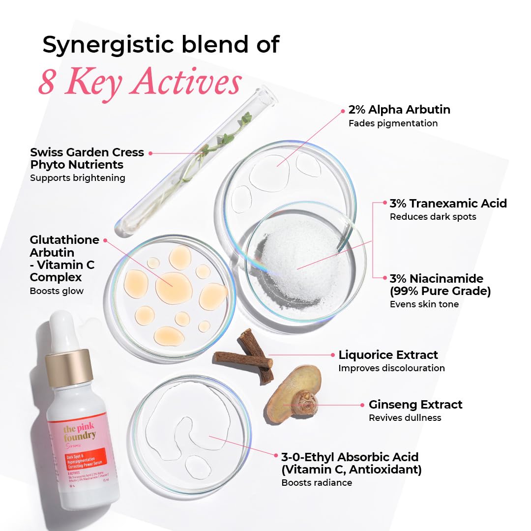 The Pink Foundry Dark Spot & Hyperpigmentation Serum with 3% Tranexamic Acid 2% Alpha Arbutin 3% Niacinamide | Fades Appearance of Acne Marks | All Skin Types | For Men & Women | Lightweight & Fast Absorbing | 15 ml