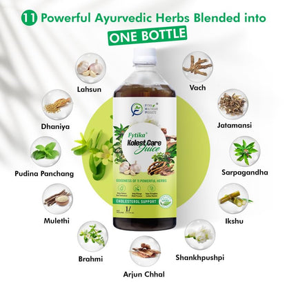 Fytila Kolega Care Juice bottle with Ayurvedic herbs displayed around it on a white background.