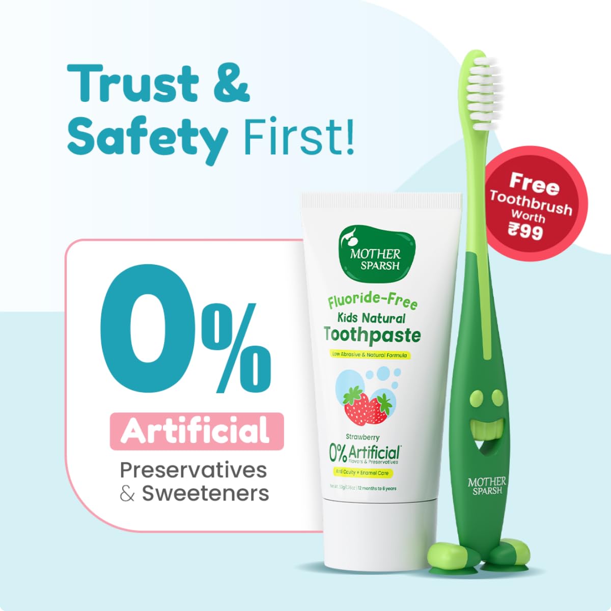 Mother Sparsh Natural Toothpaste for Kids-50g, Strawberry (With Free Toothbrush) | Strengthens Gums, Whitens Teeth | Preservative & Fluoride Free Baby Toothpaste | Anti Cavity + Enamel Care