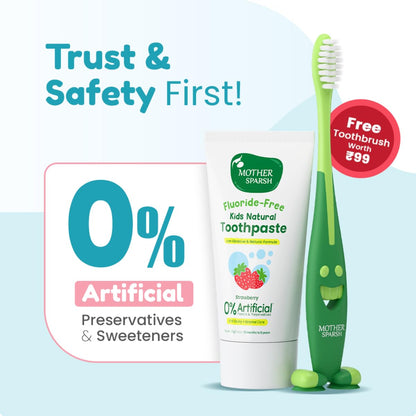 Mother Sparsh Natural Toothpaste for Kids-50g, Strawberry (With Free Toothbrush) | Strengthens Gums, Whitens Teeth | Preservative & Fluoride Free Baby Toothpaste | Anti Cavity + Enamel Care
