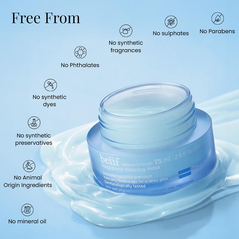 Blue skincare mask jar with 'belif' branding on a light blue background, featuring icons and text about product features.