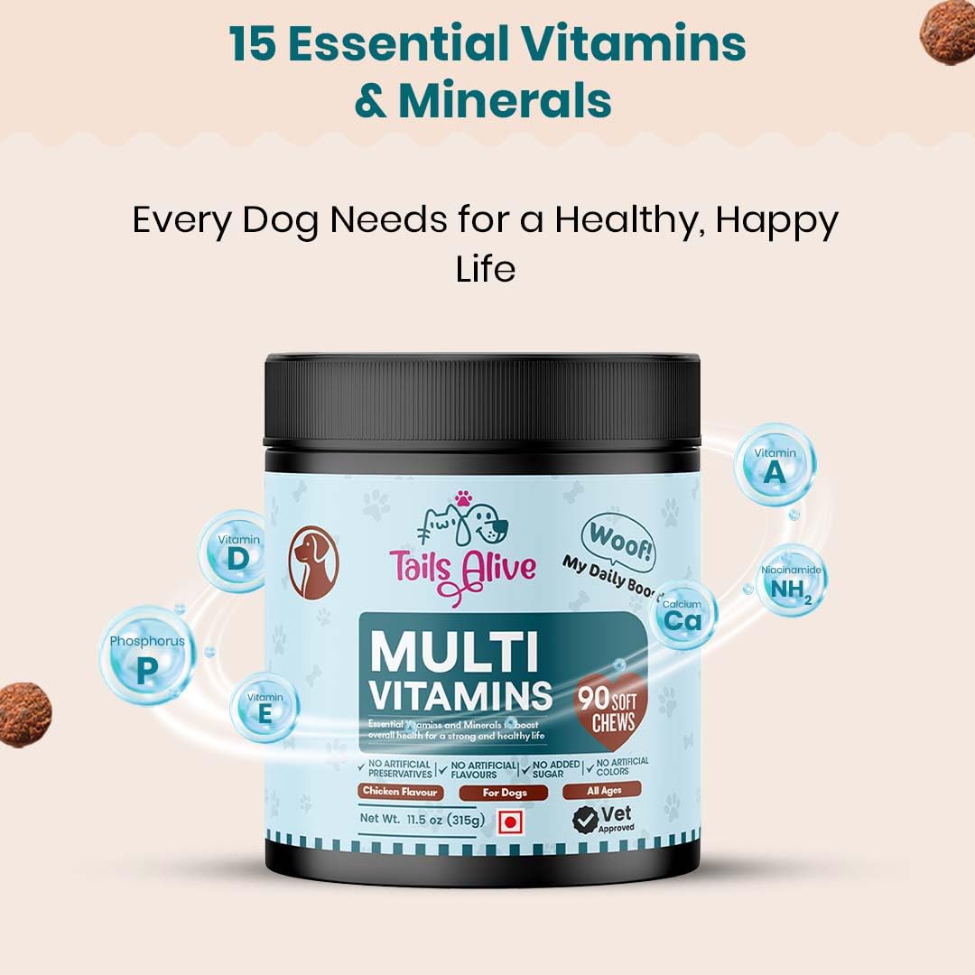 TailsAlive 15-in-1 Multivitamin Soft Chew Supplements for Dogs | Daily Vitamins & Minerals for Immunity, Energy & Growth | Cold-Pressed, Vet Approved | Chicken Flavour | For All Breeds - 90 Soft Chews