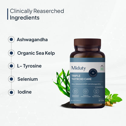 Zephivo Miduty Palak Notes Triple Thyroid Care Supplement - Rapid Action Formula - KSM-66 Ashwagandha - Sea Kelp - Zinc - Vitamin B1-Selenium-L-Tyrosine - Supports Thyroid Health - Good mood - 60 Capsules
