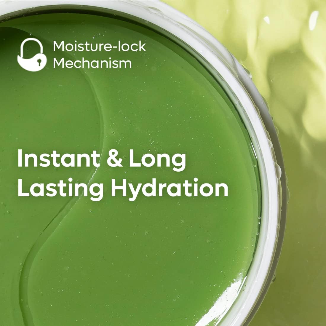 Close-up of a green product with text about moisture-lock mechanism and hydration.