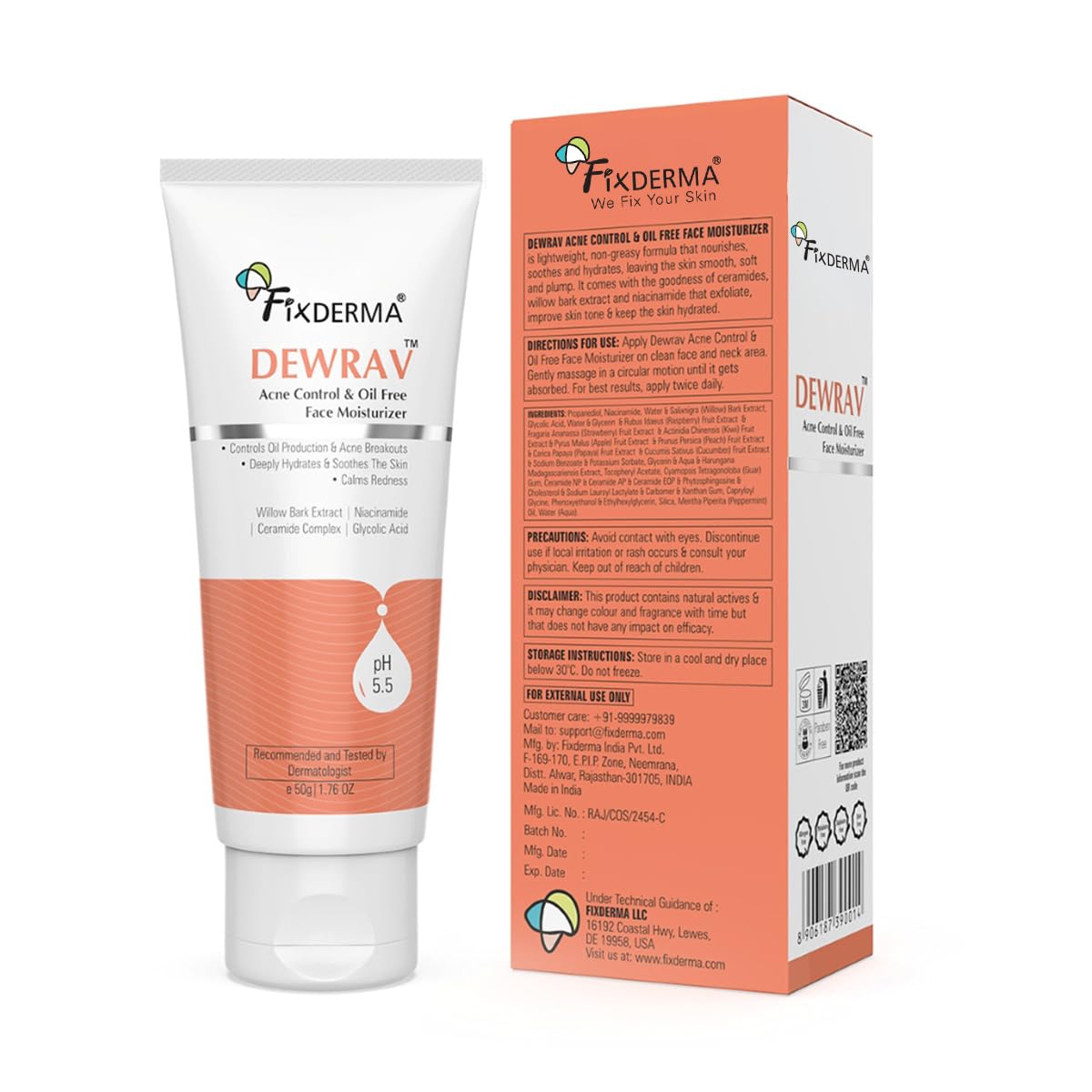 Fixderma Dewrav Acne Control & Oil Free Moisturizer for Face with Glycolic Acid | Niacinamide | Oily Skin | Face Moisturizer for Women & Men - 50 gm