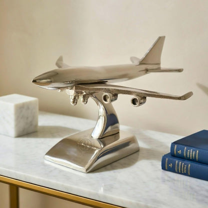 Brass Jet Plane On Stand Table Top Decorative Showpiece for Home Decor & Office Table and Gifting. (Silver)