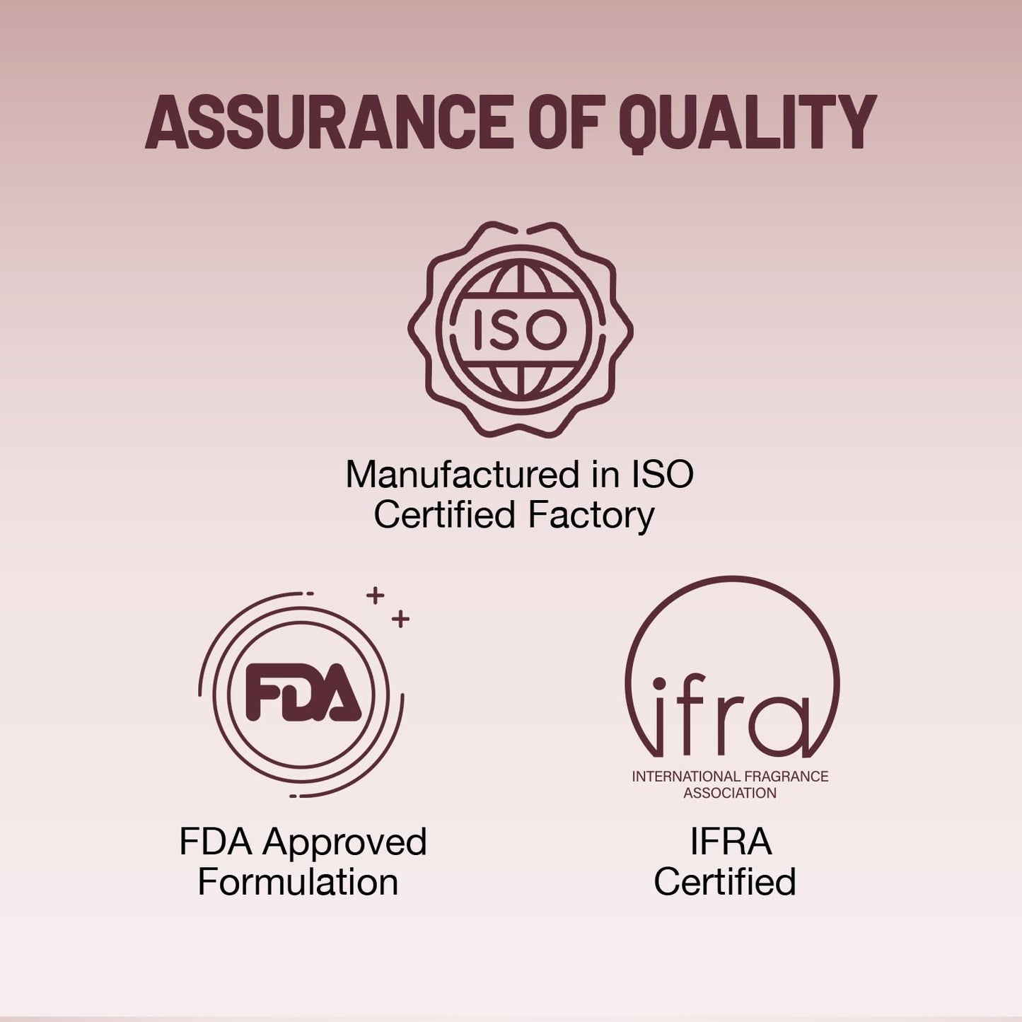 Assurance of quality certification logos including ISO, FDA, and IFRA on a pink background.