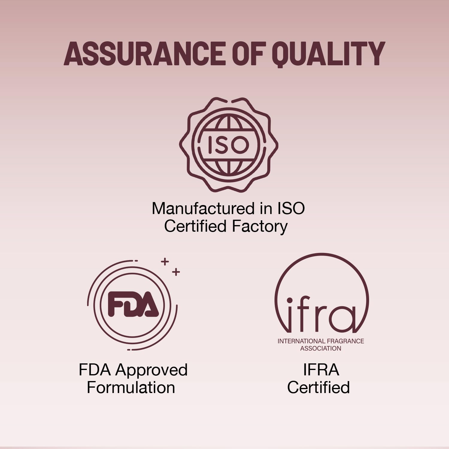 Assurance of quality certification logos including ISO, FDA, and IFRA on a pink background.