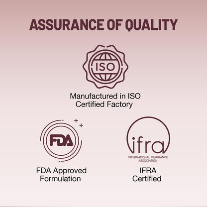 Assurance of quality certification logos including ISO, FDA, and IFRA on a pink background.