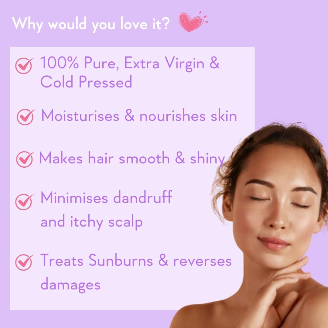 Woman with closed eyes on a purple background with text about product benefits