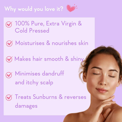 Woman with closed eyes on a purple background with text about product benefits