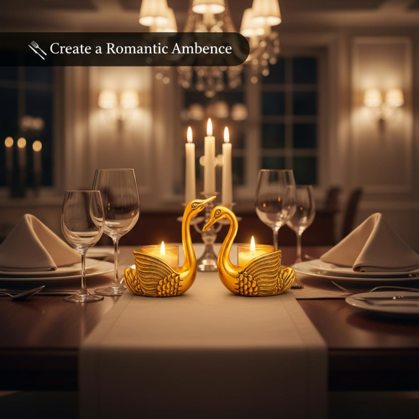 Kalakriti Golden Swan Pair Candle Holder Showpiece for Home Decoration and Good Luck | Aluminium Swans Couple Idol for Anniversary Valentine Wedding Gift & Living Room Décor (Candles not Included)