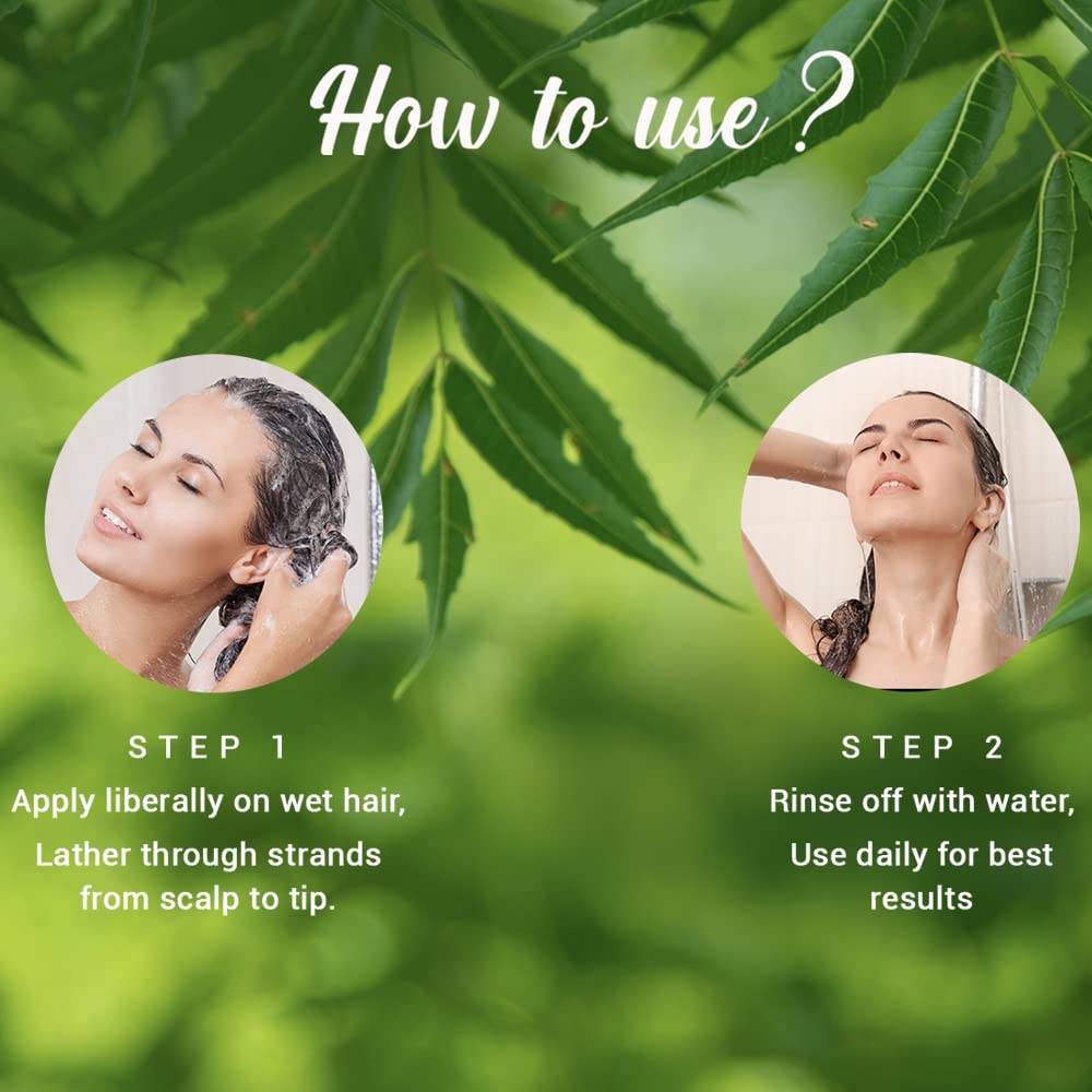 Instructions on how to use a hair care product with green leaves in the background