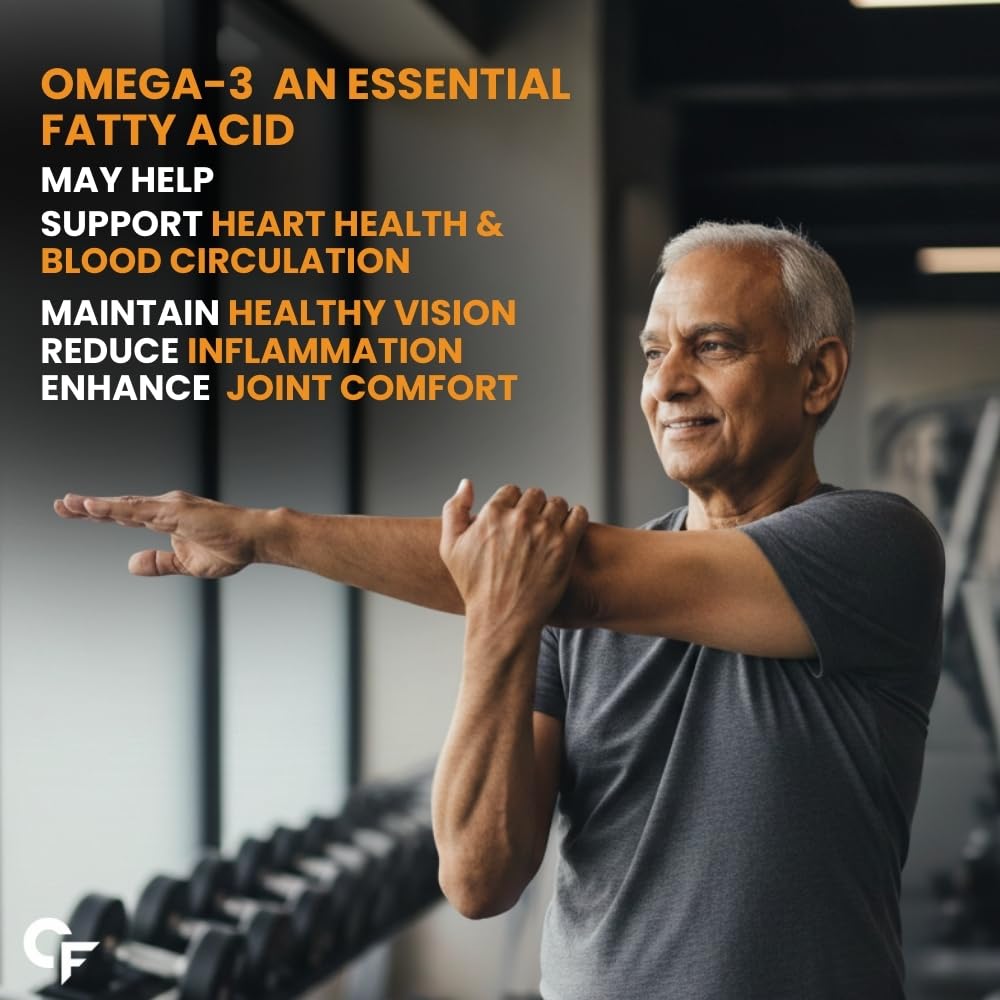 Man exercising in a gym with text about omega-3 fatty acids