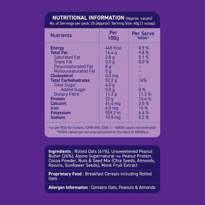 ALPINO 22% High Protein Super Oats Chocolate 400g – Rolled Oats, Natural Peanut Butter, Cocoa Powder, Nuts & Seeds – 22g Protein, Source of Dietary Fibre & Healthy Fats, No Added Sugar & Salt