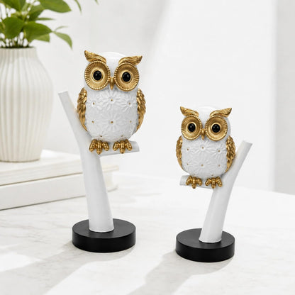 Charming Owl Figurine Set for Home & Office Décor | Handcrafted Modern Showpiece for Living Room, Study, Shelf & Table Styling (White & Gold)