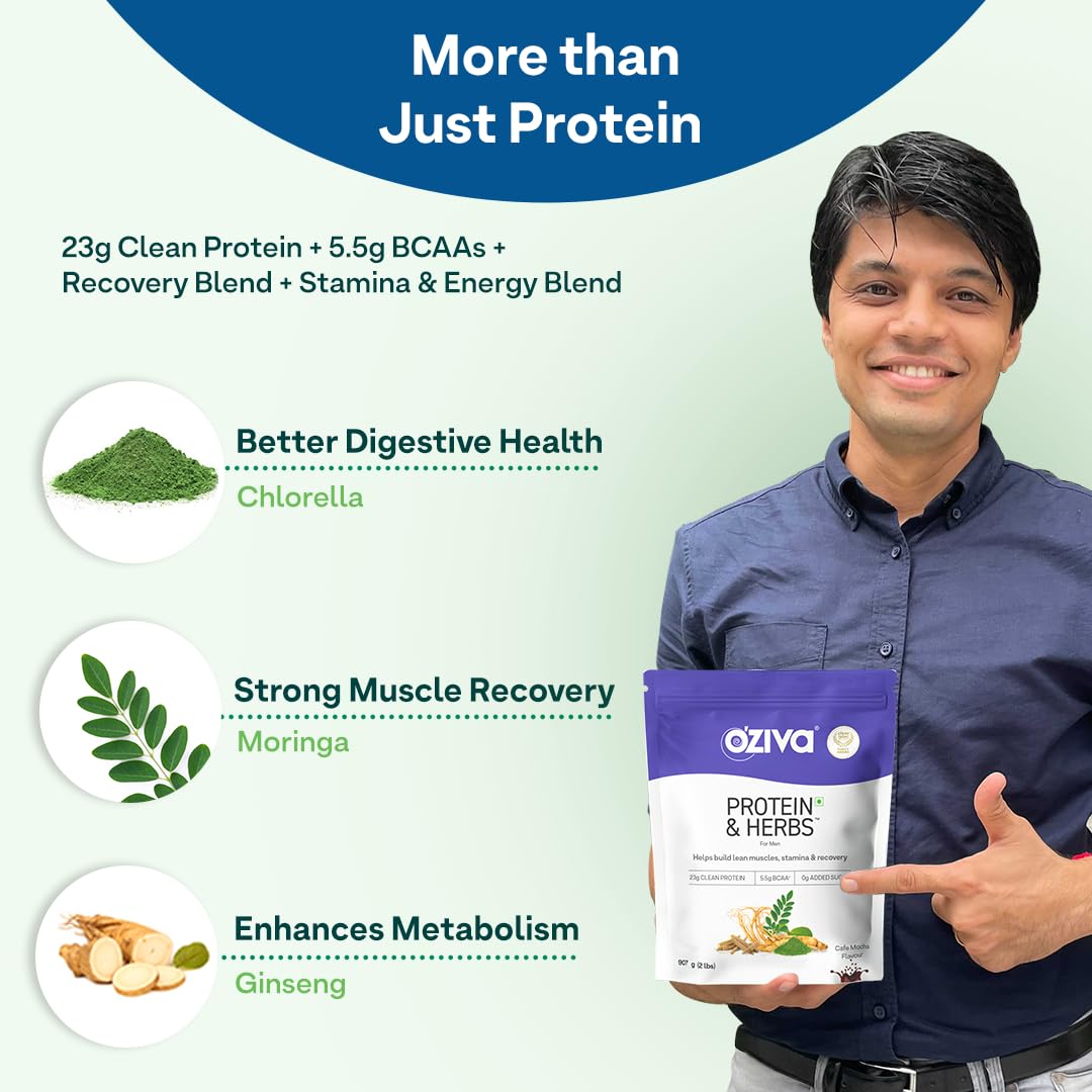 OZiva Protein & Herbs for Men (Cafe Mocha) I Muscle Building, Stamina & Recovery | Clean Protein, Shatavari, Green Tea I No Added Sugar, 2lbs (907 gm)