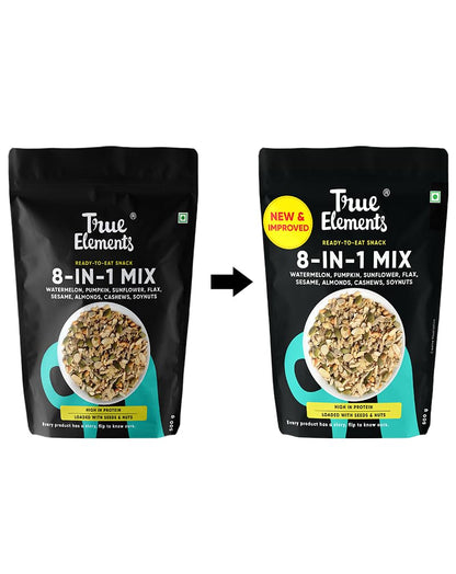 True Elements 8-in-1 Mix Ready-to-Eat Snack, Watermelon, Pumpkin, Sunflower, Flax, Sesame, Almonds, Cashews, Soynuts, High in Protein, 500g