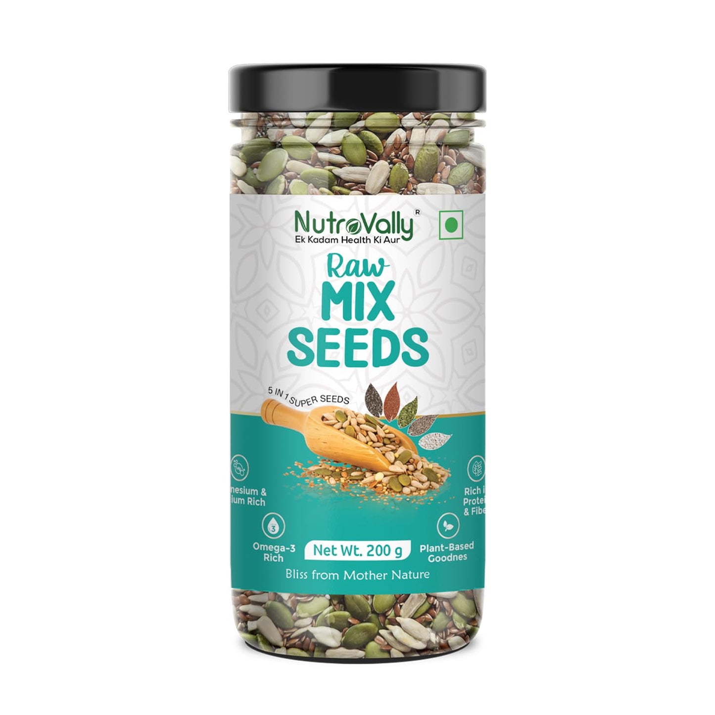 NutroVally Mix Seeds (200g) 5-in-1 Seeds Combo of Flax, Chia, Pumpkin, Watermelon & Sunflower Seeds | Superfood for Weight Management | Plant-Based Healthy Diet Snacks - Jar (200g)