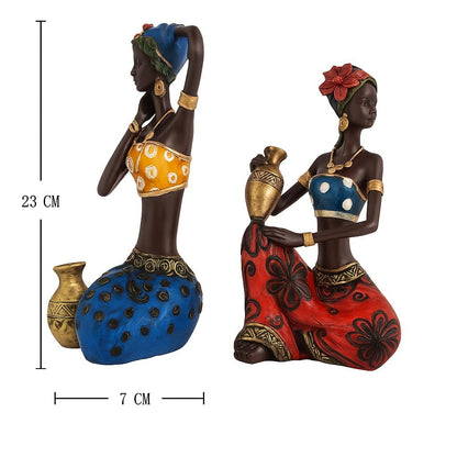 African Lady Statue with Pot| Graceful and Cultural Home Décor (Pack of 2, Red, Blue)