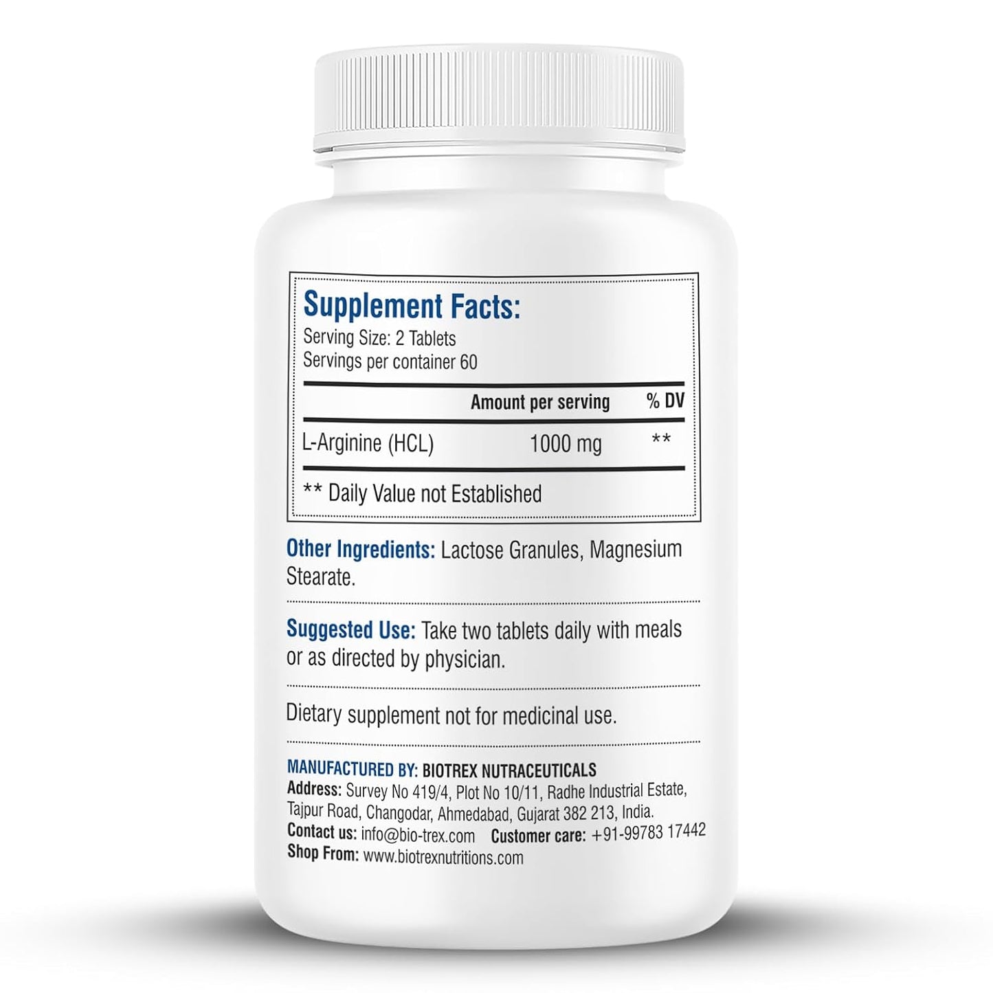 Biotrex Nutraceuticals L-Arginine 1000mg Supplement | Nitric Oxide Booster & Muscle Growth | Blood Flow & Heart Health | Pre Workout | Non-GMO | 120 Tablets