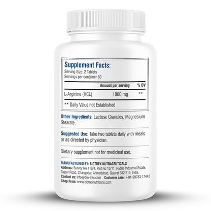 Biotrex Nutraceuticals L-Arginine 1000mg Supplement | Nitric Oxide Booster & Muscle Growth | Blood Flow & Heart Health | Pre Workout | Non-GMO | 120 Tablets