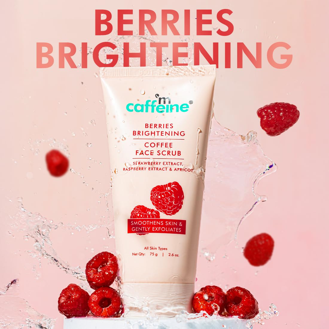 Caffeine berries brightening coffee face scrub with raspberries on a pink background