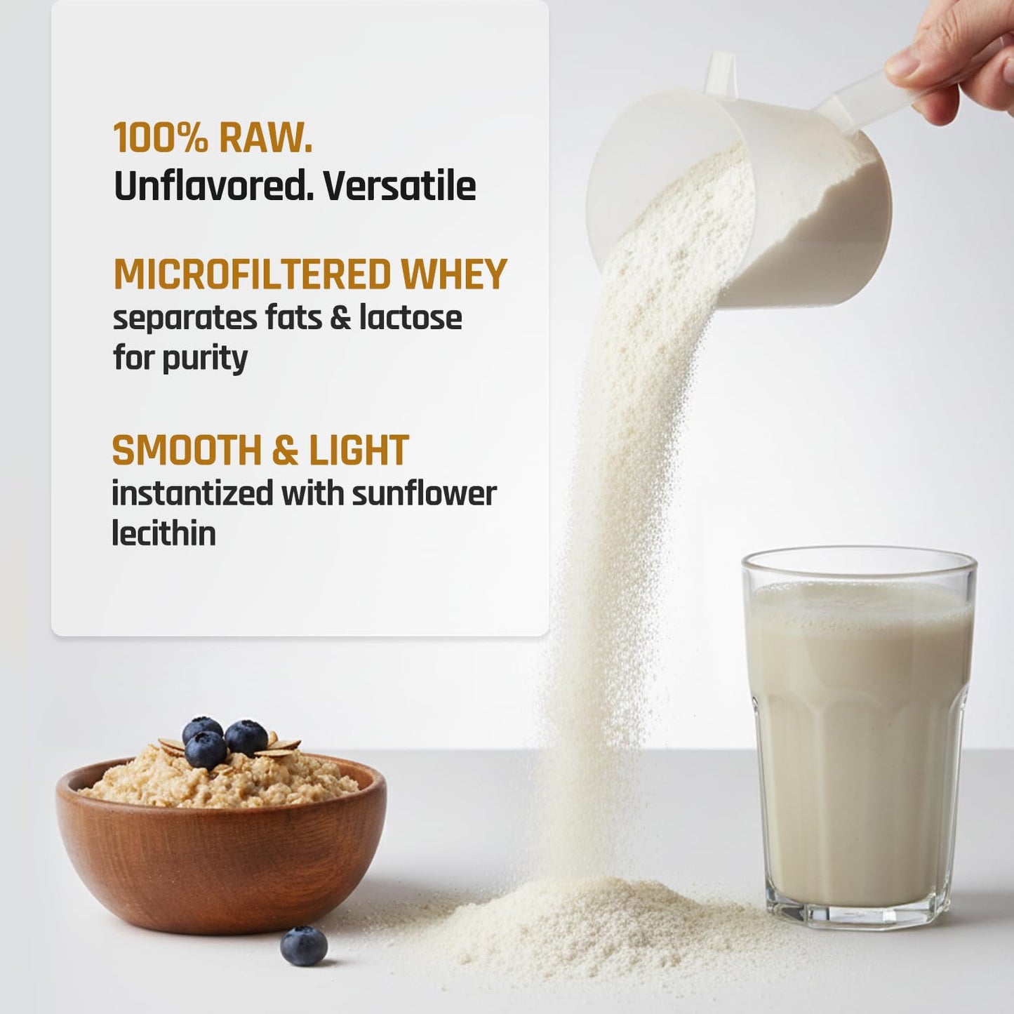 Whey protein powder being poured into a glass of milk with text about its properties.