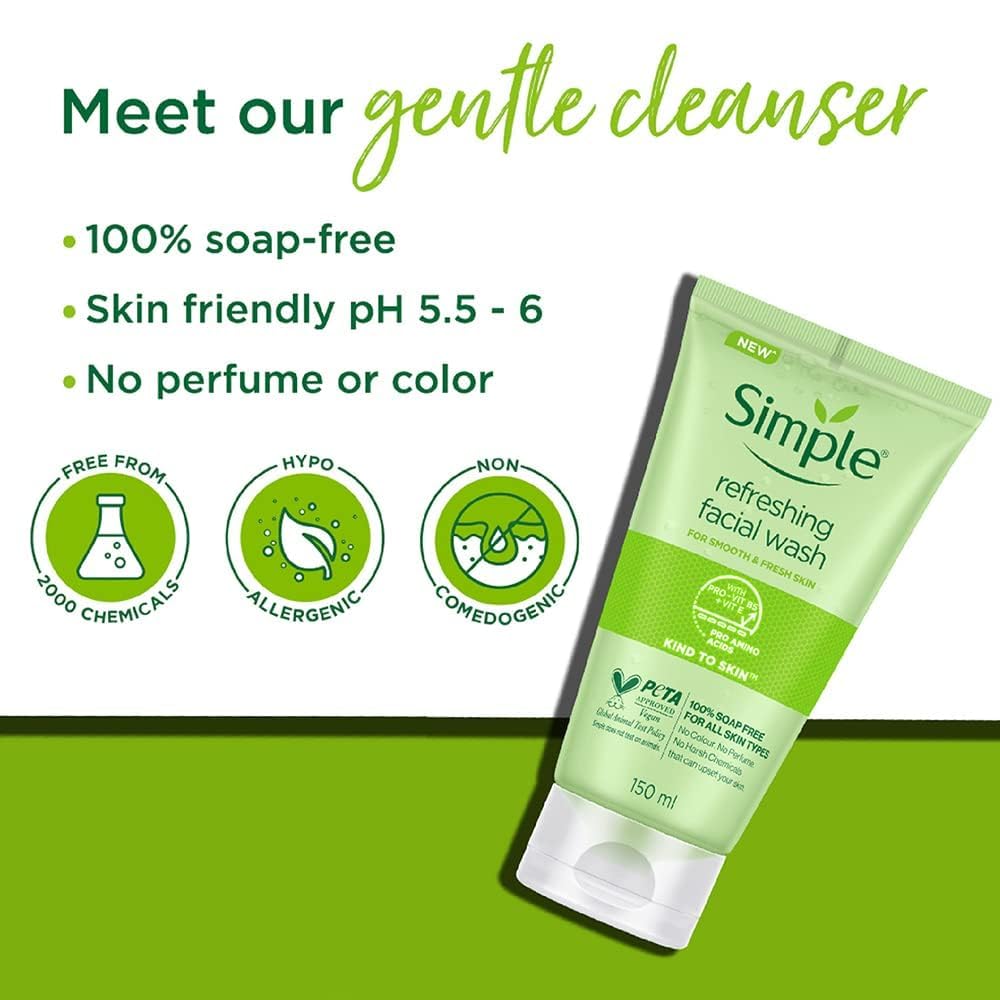 Green facial wash tube with branding and product features on a green background