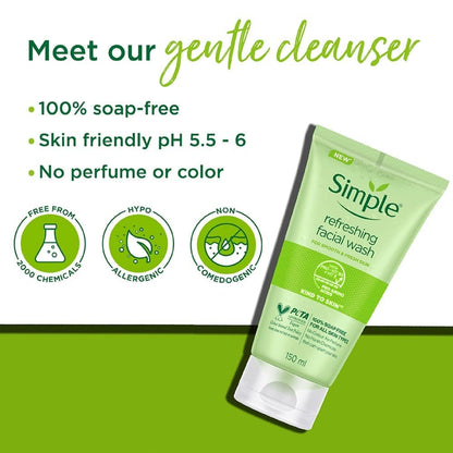 Green facial wash tube with branding and product features on a green background