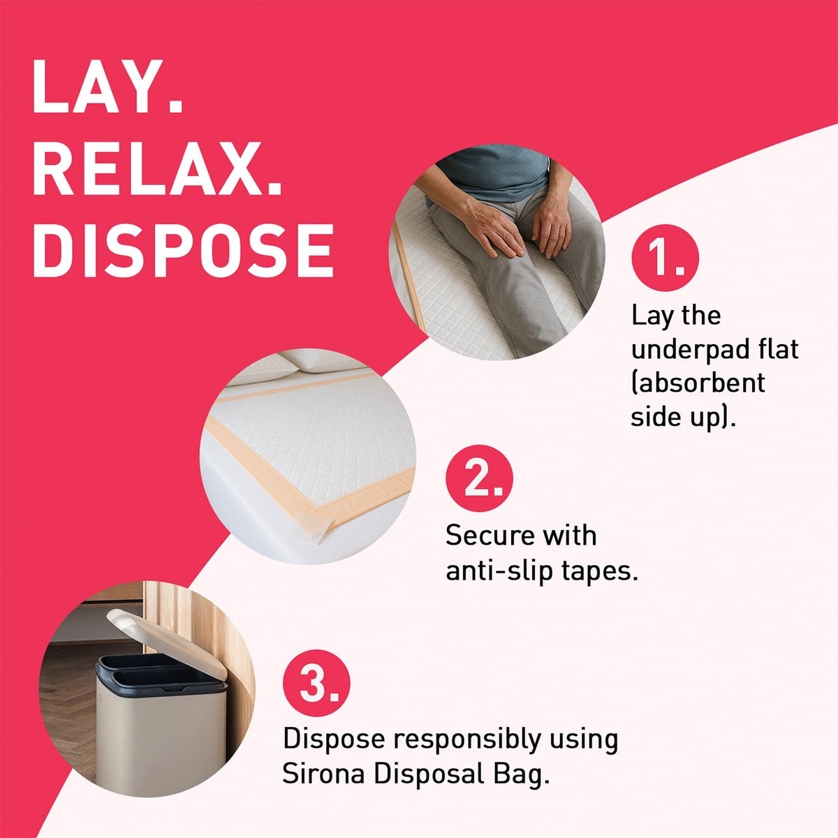 Instructions for using an underpad with images and text on a pink background