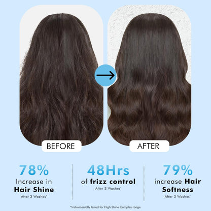 Before and after comparison of hair treatment showing increased shine and softness.