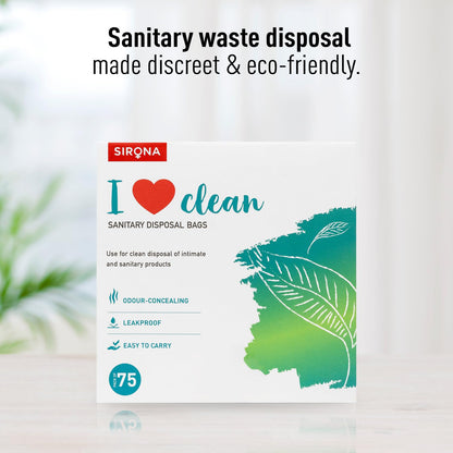 Sirona sanitary disposal bags packaging with green leaf design and text on a white background
