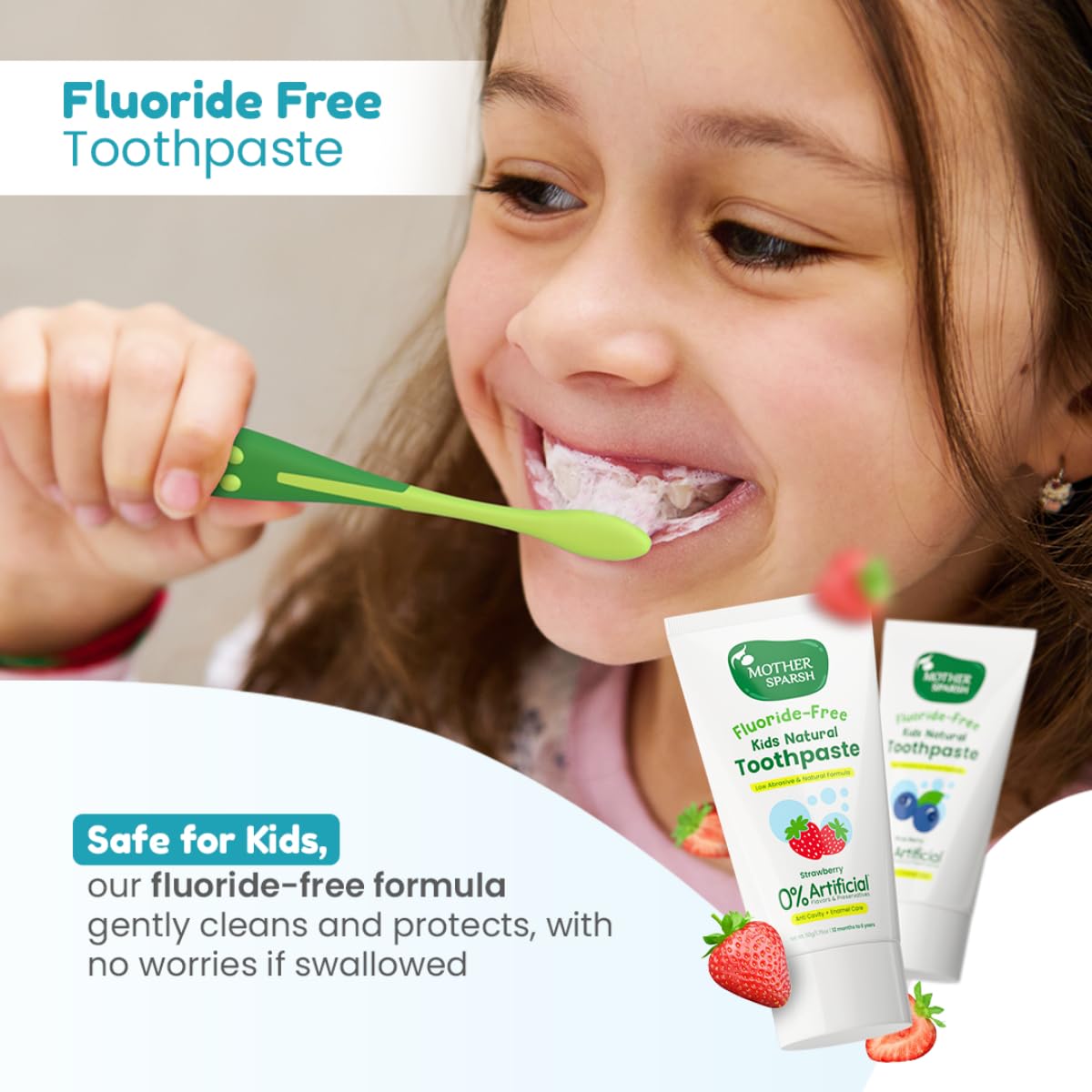 Mother Sparsh Natural Toothpaste for Kids-50g, Strawberry (With Free Toothbrush) | Strengthens Gums, Whitens Teeth | Preservative & Fluoride Free Baby Toothpaste | Anti Cavity + Enamel Care