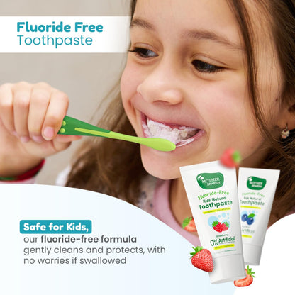 Mother Sparsh Natural Toothpaste for Kids-50g, Strawberry (With Free Toothbrush) | Strengthens Gums, Whitens Teeth | Preservative & Fluoride Free Baby Toothpaste | Anti Cavity + Enamel Care