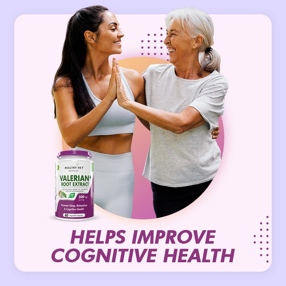 Two women embracing with a supplement bottle labeled 'Valerian Root Extract' on a pink and purple gradient background.