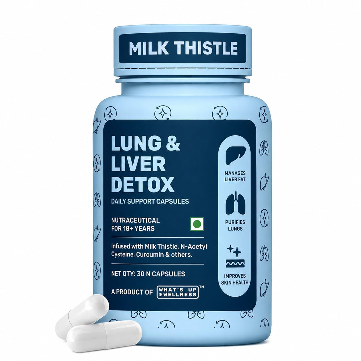 What's Up Wellness Lung & Liver Detox Supplement for Fatty Liver, Capsules with Milk Thistle, 600mg NAC Supplement & Curcumin | Supports Lung Health, 30 Capsules