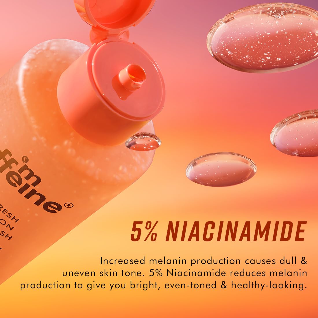 Cosmetic bottle with 'ffeline' branding and text about 5% Niacinamide on a gradient background.