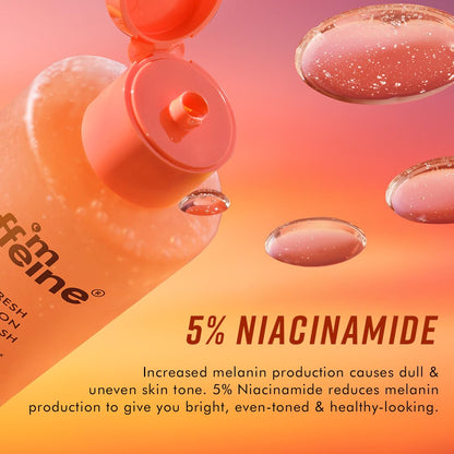 Cosmetic bottle with 'ffeline' branding and text about 5% Niacinamide on a gradient background.