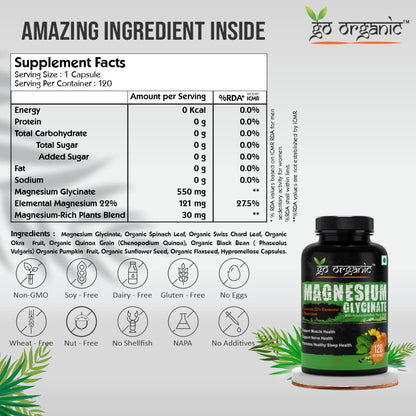 Go Organic Magnesium Glycinate Supplement Glycinate Chelate with Organic Vegetables to Support Sleep, Calm, Muscle Cramp & Stress Relief – Gluten Free, Non GMO - 120 Capsules